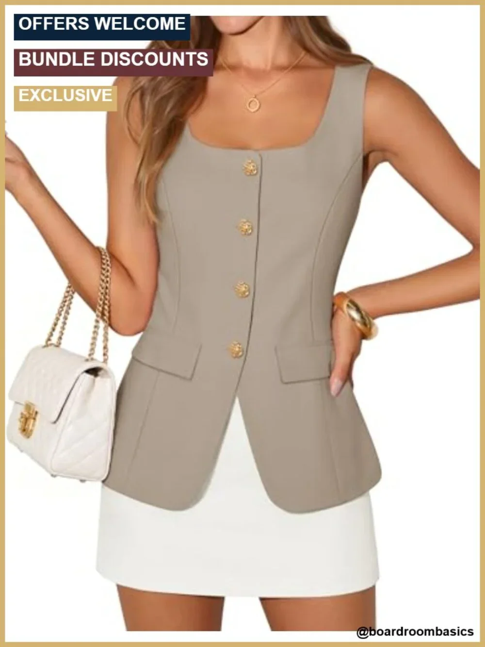 Sleeveless Square Neck Blazer Vest Business Casual Open Front